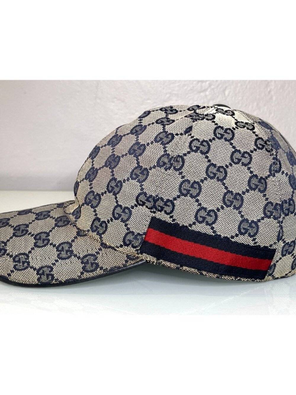 Gucci Navy Size S 57 GG Logo Monogram Canvas Web Baseball Cap Hat Runway - Picture 4 of 9